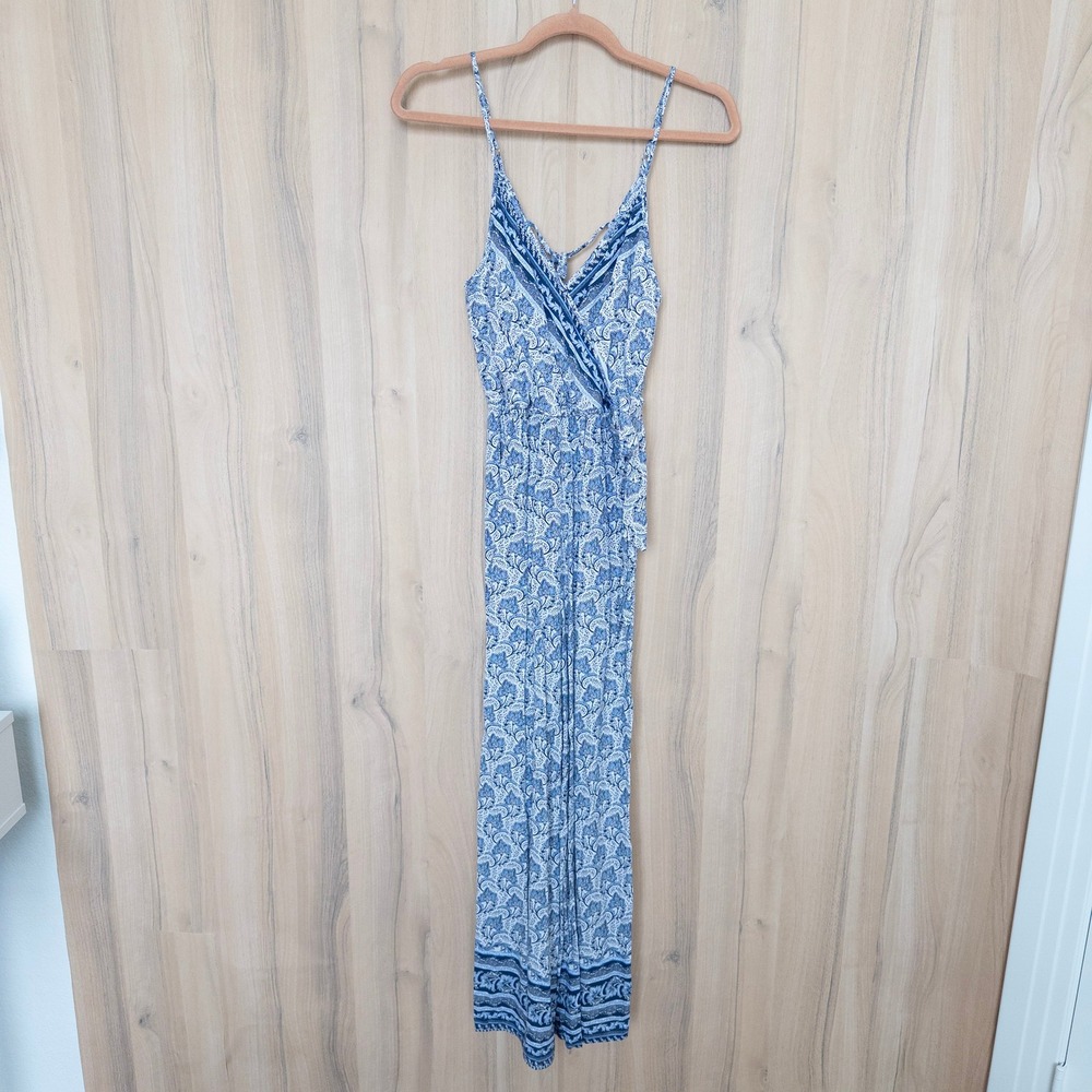 Womens Floral Wide Leg Jumpsuit S Blue Sleeveless Faux Wrap Boho Coastal Hippie‎